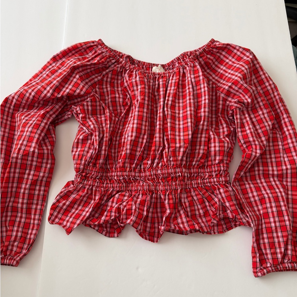 Crew cuts 100% cotton long sleeve pink and red plaid top
